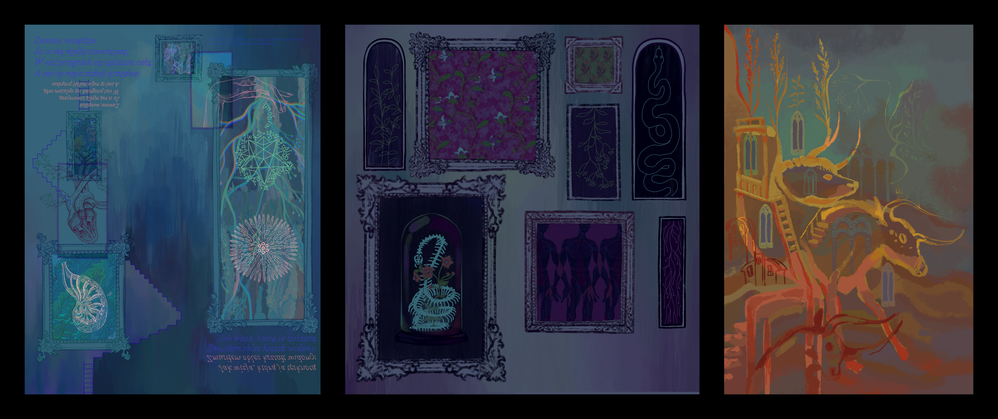 a set of three colorfull and strange illustrations. the first one is mainly blue-toned, containing the pink outline of hexacorraliae, multiple ornate frames, an anatomical heart rendered in etching with branches coming from its aortae, and vegetal patterns over a mixed background of blues and greens. The second is mostly purple-toned, containing 8 frames, 4 of which ornate, and filled with the skeleton of a snake, patterns of herbs and plants, the superimposed drawings of 3 corchs models, and a simplistic snake. the last one is a gradiant of blue, brown and yellow, interweaving simplistic drawing of bulls in thick and messy yellow and orange lines, pathologic herbs and buildings, and architectural constructions.